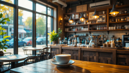 Fototapeta premium Cozy coffee shop interior with large windows and a steaming cup of coffee