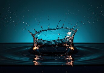 Abstract surface tension disruption captured dynamically as water reacts to impact, creating a forceful upward dome and subsequent chaotic splash pattern ,cool ,chaotic ,clear