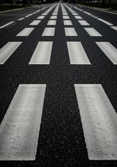 Abstract view of a fresh black asphalt road surface beneath the distinct white lines of a common pedestrian crosswalk pattern for safety ,graphic ,infrastructure ,detail