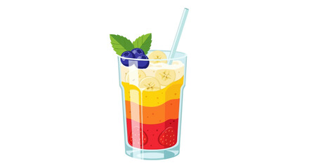 Colorful layered smoothie illustration with fruits and a straw, refreshing drink concept