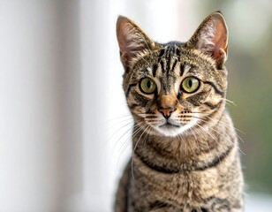 Close-up of a domestic cat with green eyes, looking directly at the camera