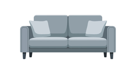 Modern minimalistic two-seater sofa in light grey color with cushions for contemporary home interior decor element and comfortable living space design