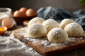 Fototapeta premium Freshly made dough balls dusted with flour on a wooden board in a cozy kitchen setting, ready for baking in the early morning light