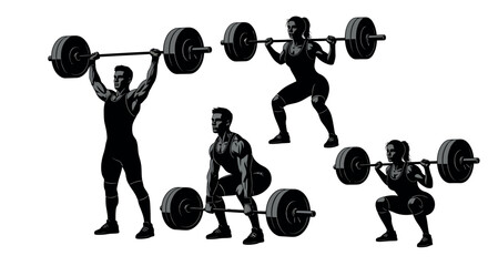 Black and white illustration set of weightlifter performing barbell exercises