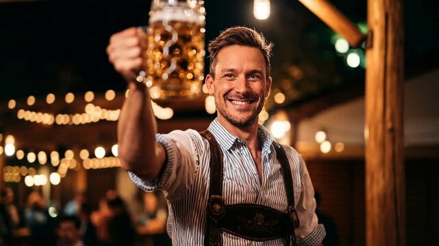 Festival-goer in lederhosen lifts a shining stein amid string lights and golden bokeh, joy written across his face - energetic celebration ideal for nightlife promos, travel and brewery marketing.