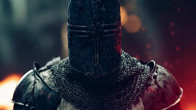 Armored knight in dark helm turns toward camera as flames leap behind, sparks tracing steel - a fierce medieval icon for epic trailers, reenactment clubs and high-drama culture visuals.