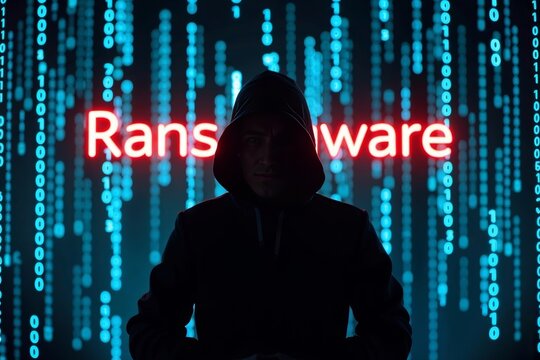 The Perils of Cyber Attacks: Hacker Silhouette in Binary Code Maze with Glowing Ransomware Sign
