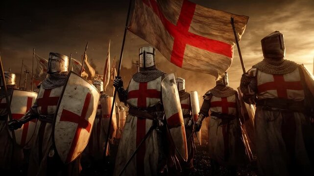Line of crusaders with crosses on shields march into a glowing sunset, flags lifting in the wind - stirring historic scene that suggests unity, pilgrimage and destiny for epic culture storytelling.