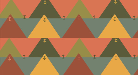 Geometric pattern with rows of colorful triangles topped with small tree