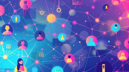 World Computer Literacy Day. Minimalist flat design illustration of diverse people of different ages connected by glowing digital networks, laptop and tablet icons floating around them