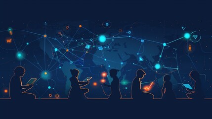 World Computer Literacy Day. Modern line art illustration with selective color pops, silhouettes of multigenerational family members each using different digital devices