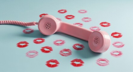Pink retro telephone surrounded by red lipstick kisses on a pastel blue background. Romantic composition symbolizing love conversations and Valentine&rsquo;s Day romance