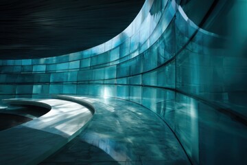Obraz premium Curved glass structure with a blue tint reflecting light in a modern architecture space during daytime