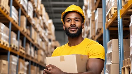 Warehouse worker with Package in Hand: A focused warehouse worker, adorned in a hardhat, confidently carries a package amidst a bustling warehouse setting.