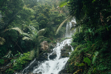A beautiful waterfall cascades down from a rocky cliff amidst lush greenery and mist at the base of the waterfall. © artrachen