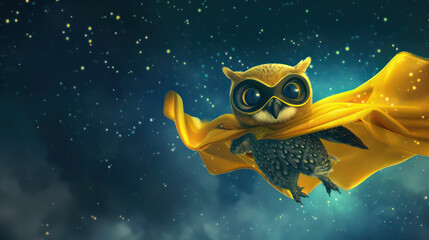 Small owl wearing yellow cape and goggles flying through starry night sky, looking adventurous and brave, with sense of wonder