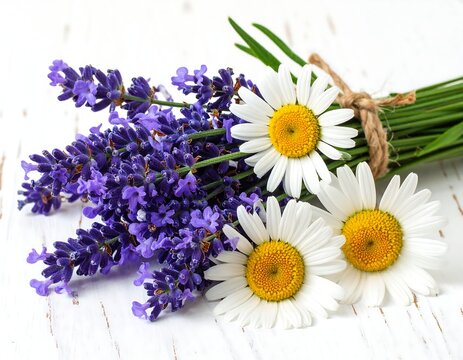 Close-up of purple lavender bouquet tied with twine, alongside white daisies - Powered by Adobe