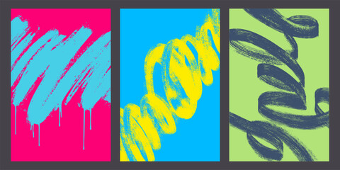 Set of spiral brush strokes with grainy spray effect. Hand drawn curved lines form a bold vertical banners. Set of distressed vector retro background with rough texture, scattered small dotted details