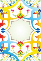 Vibrant Symmetrical Floral Frame with Ornate Arabesque Decorative Motifs
