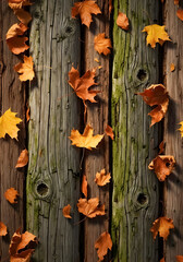 Vibrant autumn maple leaves scatter across rustic weathered wooden fence planks, evoking cozy seasonal charm and natural beauty.