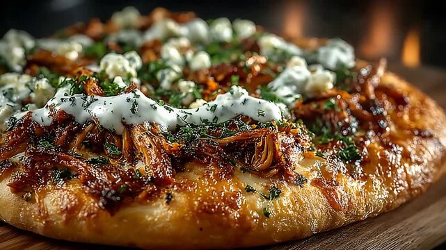 Delicious Artisan Flatbread with Shredded Meat, Creamy Sauce, and Fresh Green Herbs Ready to Serve.