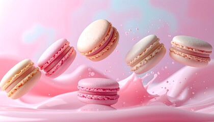 Colorful macarons floating above a creamy pink splash