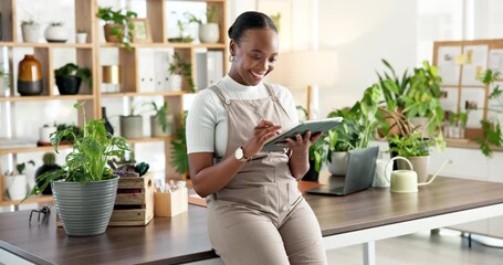 Smile, volunteer and black woman in office, tablet and typing with environmental responsibility. African person, tech and activist with app, donation checklist and research for NGO project schedule - Powered by Adobe