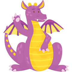 Whimsical Purple Dragon Character with Yellow Accents Waving Hello Digitally Illustrated Character with Wings and Spikes Against a Transparent Background