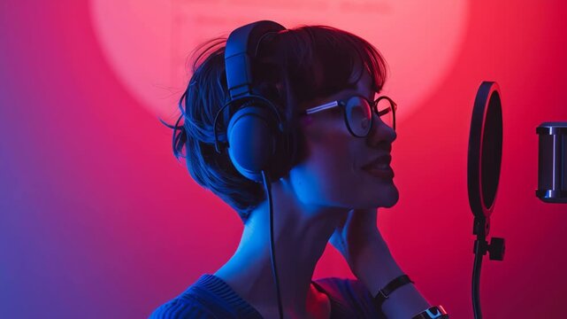 Melodic Resonance: A poised vocalist, engrossed in the art of music, stands before a microphone. The studio's ambient lighting casts a spectrum of colors.