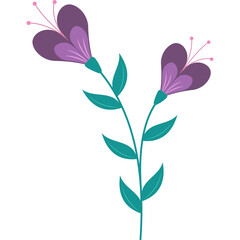 Whimsical purple flowers with green stems and leaves on a transparent background in a stylized artistic design