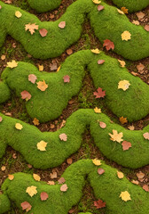Lush green moss mounds adorned with scattered autumn leaves create a whimsical, organic pattern perfect for nature-themed designs.