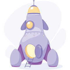 Whimsical Purple Rocket Ship with Open Door and Ladder Ascending to Space Adventure Illuminated by Soft Yellow Light on Transparent Background