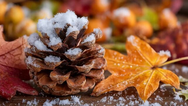 Snow covered pinecone and fallen autumn leaves showcase the beautiful changing seasons on a wooden surface.