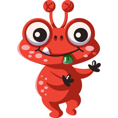 Whimsical Red Cartoon Alien Monster Character With Big Eyes And Antennae Waving Hello On A Transparent Background