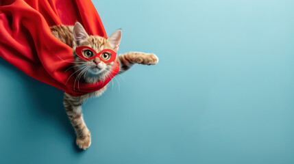 Playful cat wearing red glasses and red cape blue background, looking curious and adorable, with superhero theme