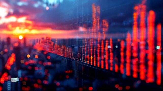Cityscape sunset underlayed by financial grid
