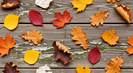 Vibrant autumn leaves scattered across a rustic, weathered wooden surface, capturing the essence of fall's natural beauty and cozy season.