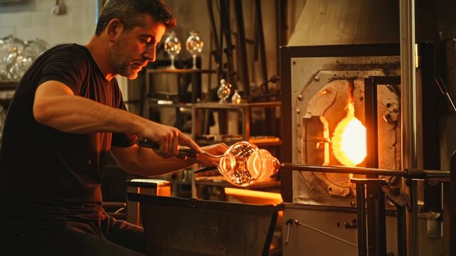 Experienced glassblower man creating glass art ornament by heating and shaping hot molten glass rod in workshop furnace, folk craft video