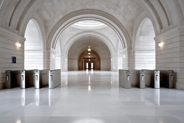Grand hallway with modern turnstiles in historic building