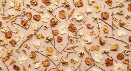 Stunning dried flowers and delicate branches artfully arranged in a beautiful, rustic flat lay composition for natural beauty and organic design projects