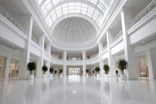Grand white interior of an elegant modern shopping mall atrium with high glass ceiling - Powered by Adobe