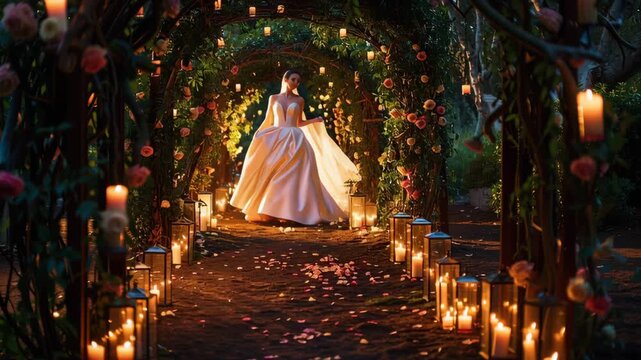 Enchanted Garden Elegance: A woman in a flowing gown graces a magical, candle-lit garden path, evoking a sense of fairytale romance, with soft blooms and ambient light.