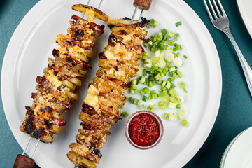 Grilled vegetable bacon kebabs, summer barbecue.