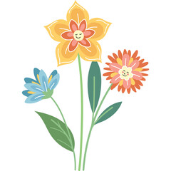 Whimsical Pixel Art Floral Bouquet with Smiling Faces Yellow Orange and Blue Flowers with Green Stems and Leaves on a Transparent Background