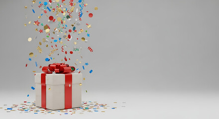 Gift box and confetti falling on gray background with copy space 3d render 49488076 1
