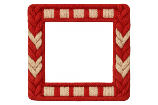 Knitted wool yarn frame with braided and striped patterns, cozy winter design element on transparent background