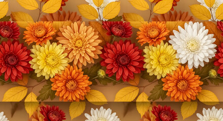 Vibrant autumnal chrysanthemum bouquet bursting with rich reds, sunny yellows, and warm oranges, perfect for seasonal celebrations and cozy decor