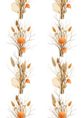 Ethereal dried floral arrangements with delicate branches, warm autumn hues, and subtle orange accents create a natural, rustic charm perfect for seasonal decor.