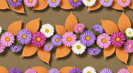 Vibrant autumn floral pattern with warm orange leaves and colorful daisy like flowers in a harmonious display