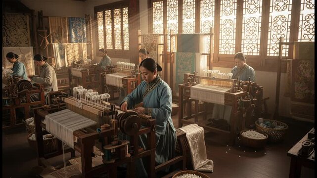 Medieval People Life,  Chinese Silk Workshop, Song Dynasty &mdash; Workers wind shimmering threads on spindles, sunlight filtering through lattice windows.